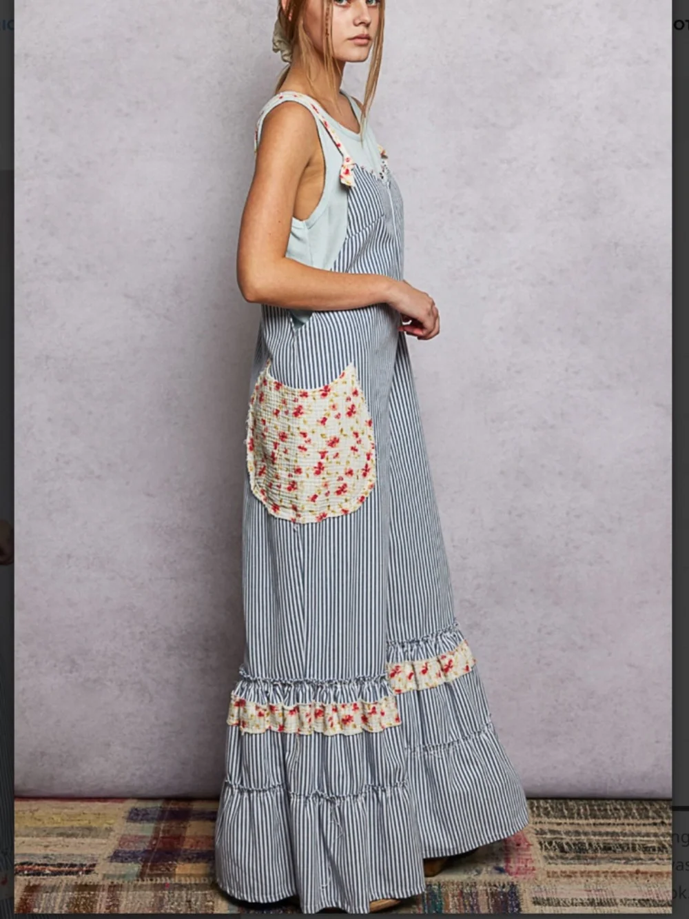 POL Blue White Striped Floral-Trim Jumpsuit - Picture 2 of 6